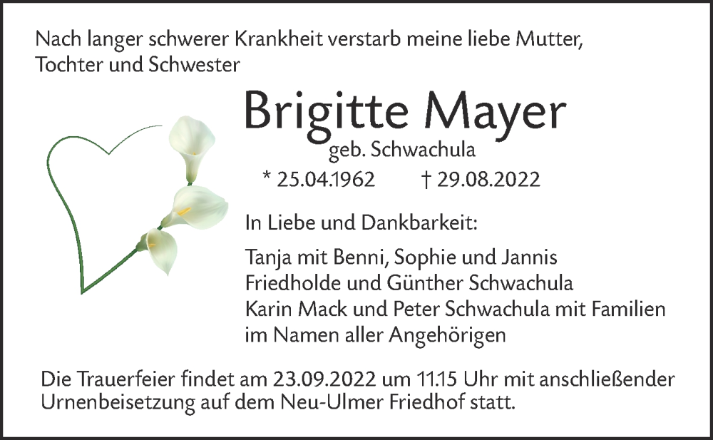  Traueranzeige für Brigitte Mayer vom 16.09.2022 aus SÜDWEST PRESSE Ausgabe Ulm/Neu-Ulm