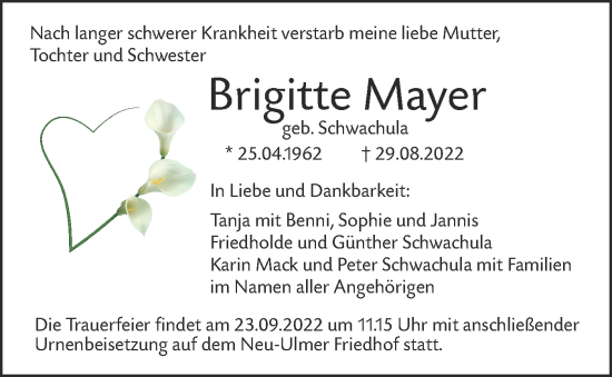 Traueranzeige von Brigitte Mayer von SÜDWEST PRESSE Ausgabe Ulm/Neu-Ulm