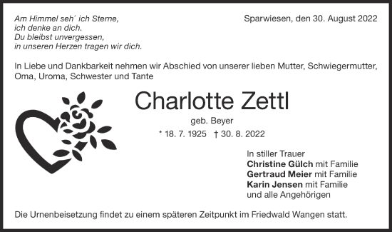 Traueranzeige von Charlotte Zettl von NWZ Neue Württembergische Zeitung