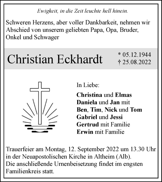 Traueranzeige von Christian Eckhardt von SÜDWEST PRESSE Ausgabe Ulm/Neu-Ulm