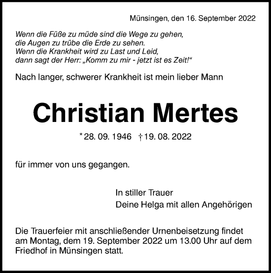 Traueranzeige von Christian Mertes von Alb-Bote/Metzinger-Uracher Volksblatt