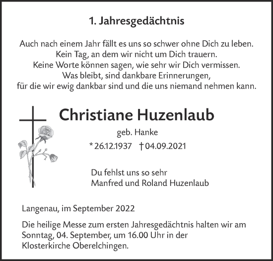 Traueranzeige von Christiane Huzenlaub von SÜDWEST PRESSE Ausgabe Ulm/Neu-Ulm