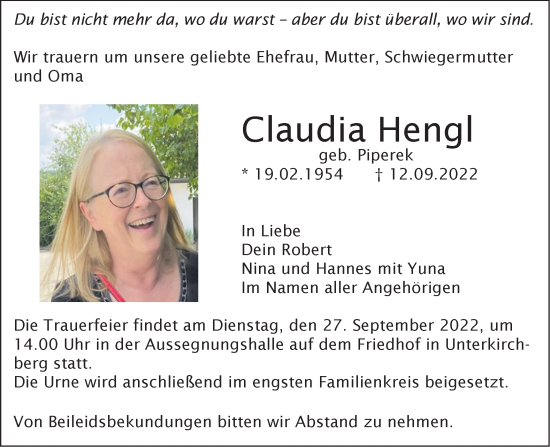 Traueranzeige von Claudia Hengl von SÜDWEST PRESSE Ausgabe Ulm/Neu-Ulm