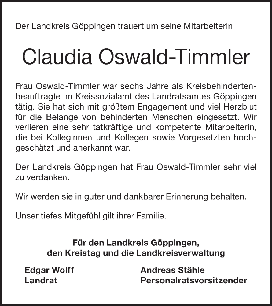  Traueranzeige für Claudia Oswald-Timmler vom 03.09.2022 aus NWZ Neue Württembergische Zeitung/Geislinger Zeitung