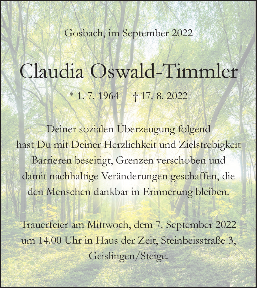  Traueranzeige für Claudia Oswald-Timmler vom 03.09.2022 aus NWZ Neue Württembergische Zeitung/Geislinger Zeitung