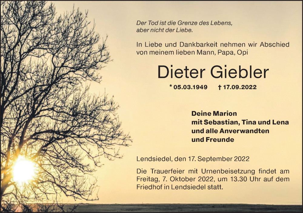  Traueranzeige für Dieter Giebler vom 21.09.2022 aus Hohenloher Tagblatt