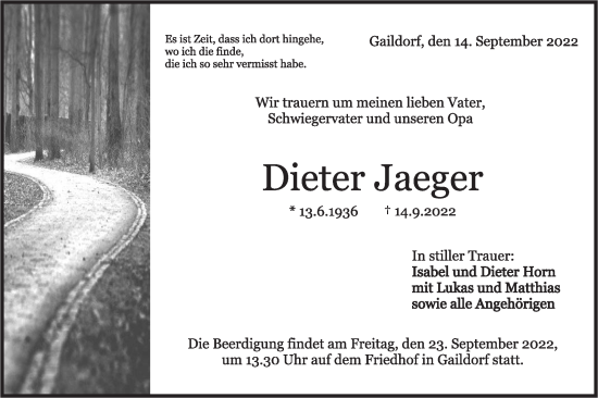 Traueranzeige von Dieter Jaeger von Rundschau Gaildorf