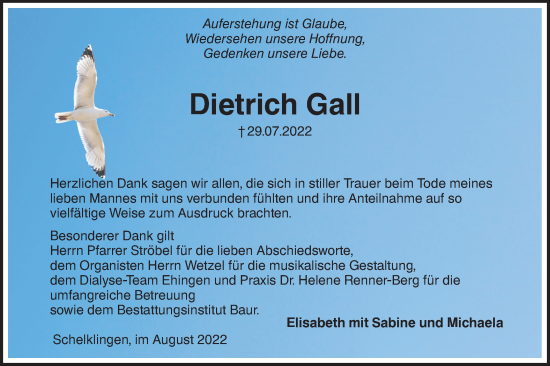 Traueranzeige von Dietrich Gall von SÜDWEST PRESSE Ausgabe Ulm/Neu-Ulm