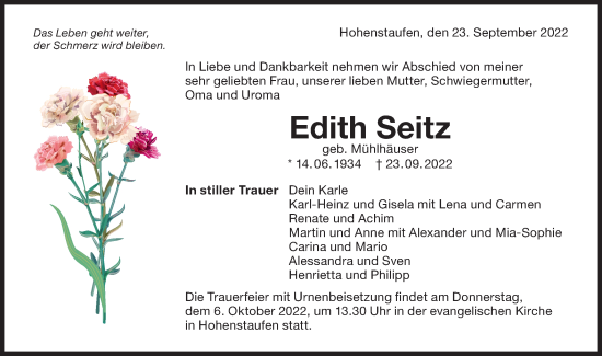 Traueranzeige von Edith Seitz von NWZ Neue Württembergische Zeitung