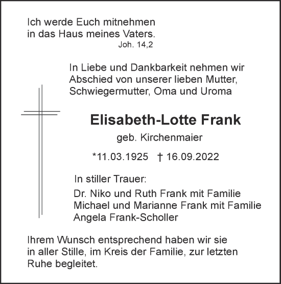 Traueranzeige von Elisabeth-Lotte Frank von SÜDWEST PRESSE Ausgabe Ulm/Neu-Ulm