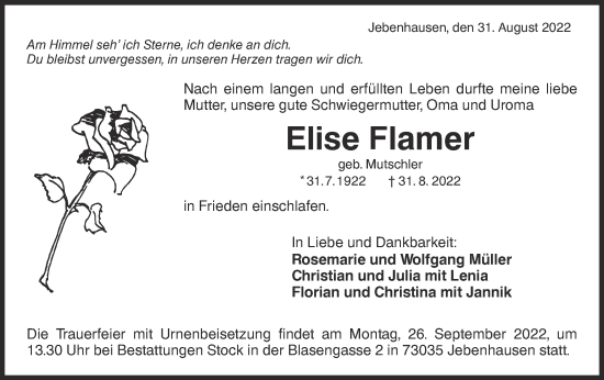 Traueranzeige von Elise Flamer von NWZ Neue Württembergische Zeitung