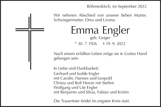 Traueranzeige von Emma Engler von Geislinger Zeitung