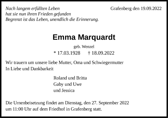 Traueranzeige von Emma Marquardt von Metzinger-Uracher Volksblatt