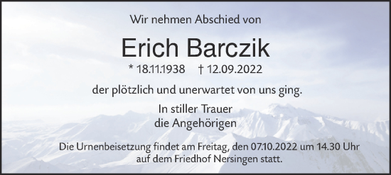 Traueranzeige von Erich Barczik von SÜDWEST PRESSE Ausgabe Ulm/Neu-Ulm