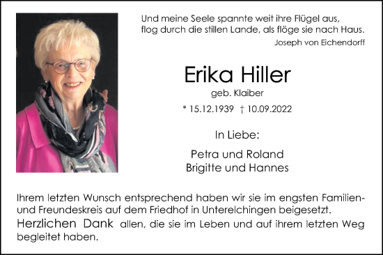 Traueranzeige von Erika Hiller von SÜDWEST PRESSE Ausgabe Ulm/Neu-Ulm