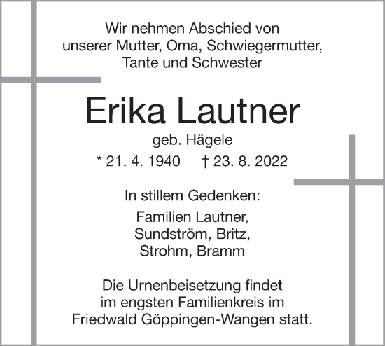 Traueranzeige von Erika Lautner von Geislinger Zeitung