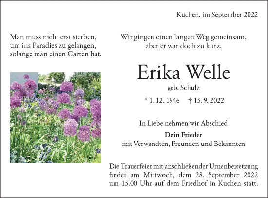 Traueranzeige von Erika Welle von Geislinger Zeitung