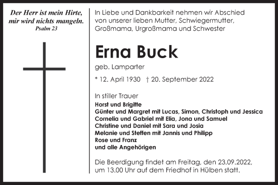 Traueranzeige von Erna Buck von Alb-Bote/Metzinger-Uracher Volksblatt