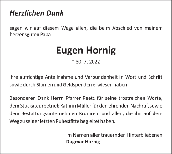 Traueranzeige von Eugen Hornig von Hohenloher Tagblatt