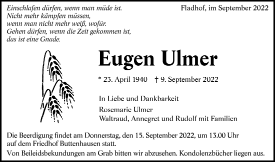 Traueranzeige von Eugen Ulmer von Alb-Bote/Metzinger-Uracher Volksblatt