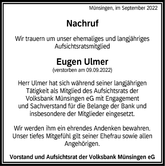 Traueranzeige von Eugen Ulmer von Alb-Bote/Metzinger-Uracher Volksblatt