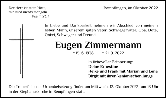 Traueranzeige von Eugen Zimmermann von Metzinger-Uracher Volksblatt