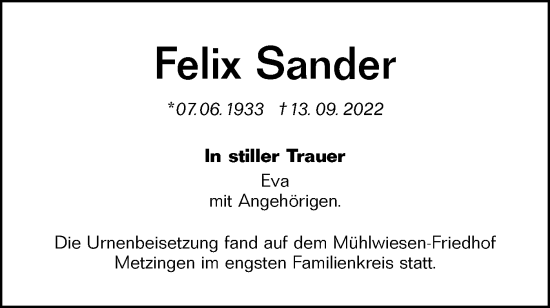 Traueranzeige von Felix Sander von Metzinger-Uracher Volksblatt