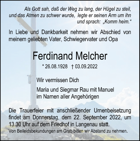 Traueranzeige von Ferdinand Melcher von SÜDWEST PRESSE Ausgabe Ulm/Neu-Ulm