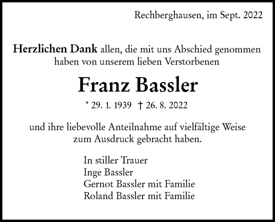 Traueranzeige von Franz Bassler von NWZ Neue Württembergische Zeitung