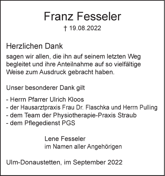 Traueranzeige von Franz Fesseler von SÜDWEST PRESSE Ausgabe Ulm/Neu-Ulm