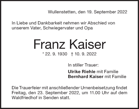 Traueranzeige von Franz Kaiser von SÜDWEST PRESSE Ausgabe Ulm/Neu-Ulm