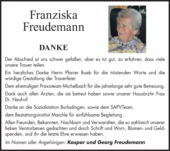 Traueranzeige von Franziska Freudemann von Metzinger-Uracher Volksblatt