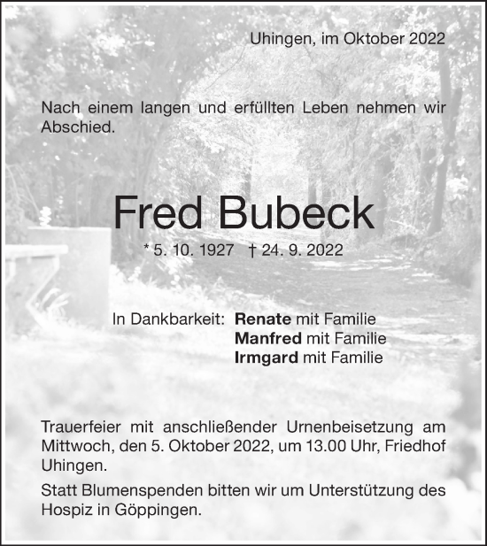 Traueranzeige von Fred Bubeck von NWZ Neue Württembergische Zeitung