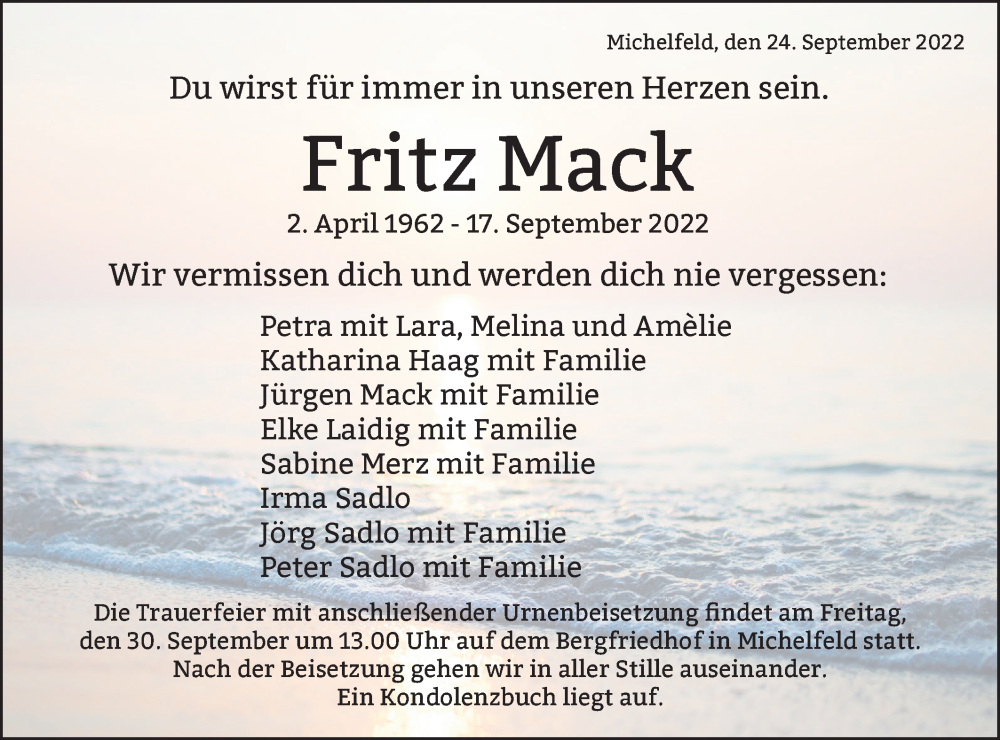  Traueranzeige für Fritz Mack vom 24.09.2022 aus Haller Tagblatt