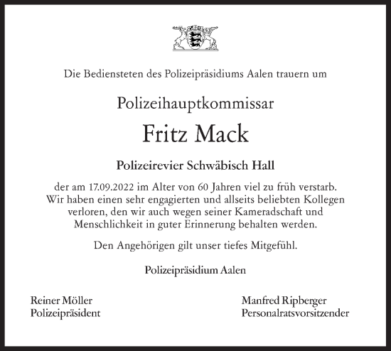 Traueranzeige von Fritz Mack von Haller Tagblatt