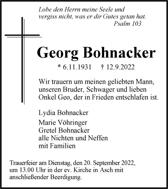 Traueranzeige von Georg Bohnacker von SÜDWEST PRESSE Ausgabe Ulm/Neu-Ulm