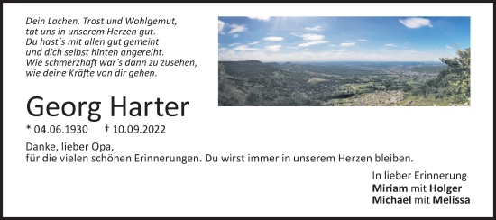 Traueranzeige von Georg Harter von Metzinger-Uracher Volksblatt