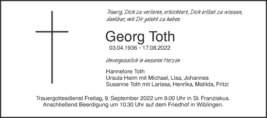 Traueranzeige von Georg Toth von SÜDWEST PRESSE Ausgabe Ulm/Neu-Ulm