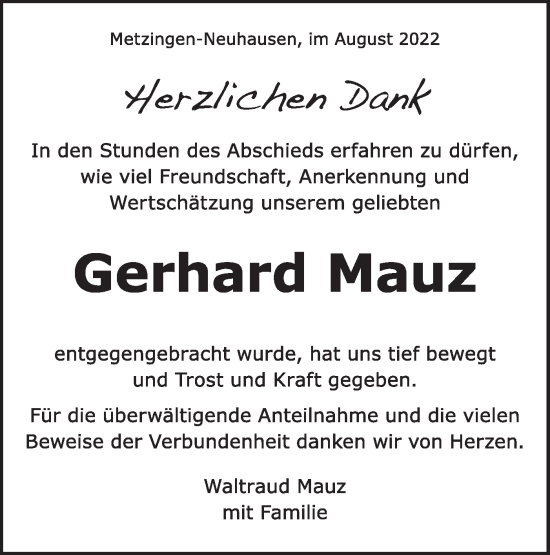 Traueranzeige von Gerhard Mauz von Metzinger-Uracher Volksblatt