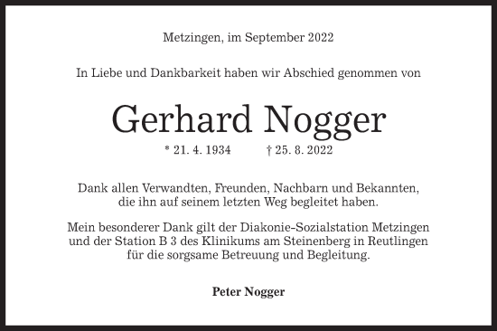 Traueranzeige von Gerhard Nogger von Metzinger-Uracher Volksblatt