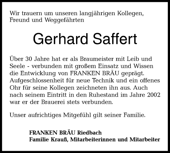 Traueranzeige von Gerhard Saffert von Hohenloher Tagblatt