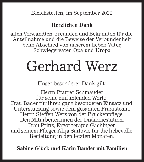 Traueranzeige von Gerhard Werz von Alb-Bote/Metzinger-Uracher Volksblatt