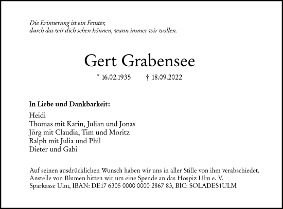 Traueranzeige von Gert Grabensee von SÜDWEST PRESSE Ausgabe Ulm/Neu-Ulm