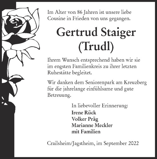 Traueranzeige von Gertrud Staiger von Hohenloher Tagblatt