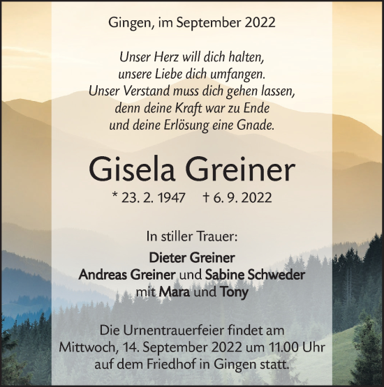 Traueranzeige von Gisela Greiner von NWZ Neue Württembergische Zeitung/Geislinger Zeitung