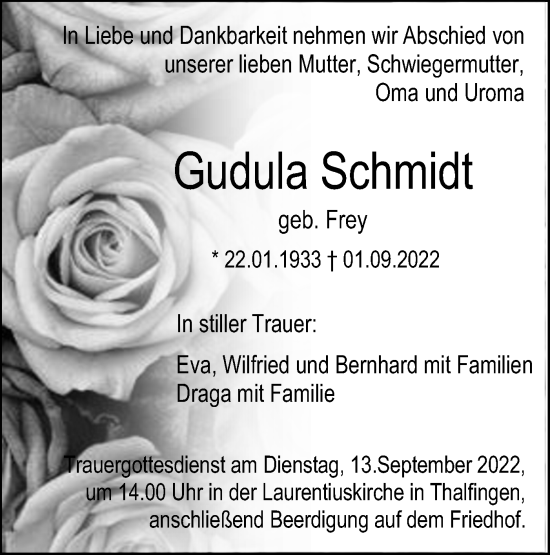 Traueranzeige von Gudula Schmidt von SÜDWEST PRESSE Ausgabe Ulm/Neu-Ulm