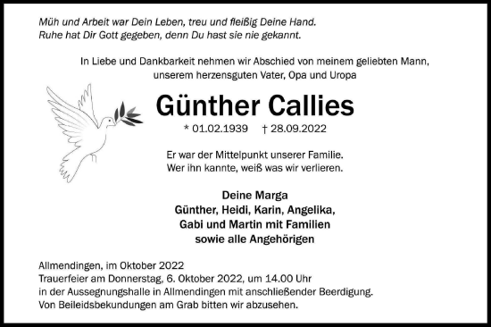 Traueranzeige von Günther Callies von Ehinger Tagblatt