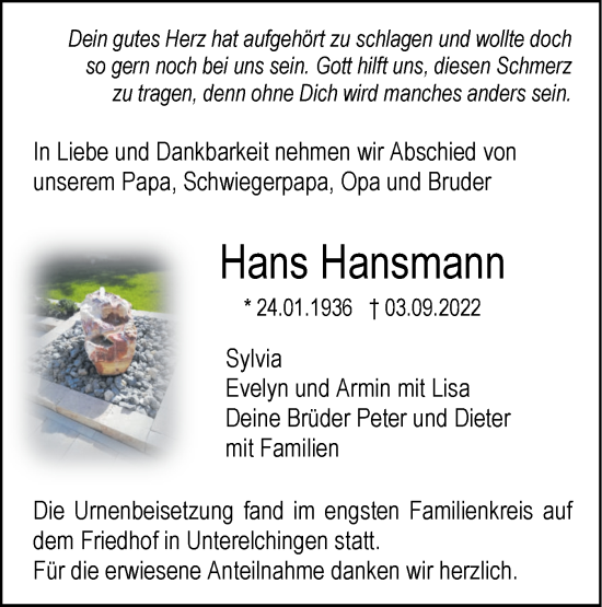 Traueranzeige von Hans Hansmann von SÜDWEST PRESSE Ausgabe Ulm/Neu-Ulm