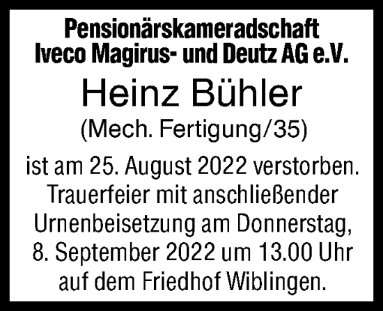 Traueranzeige von Heinz Bühler von SÜDWEST PRESSE Ausgabe Ulm/Neu-Ulm