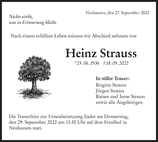 Traueranzeige von Heinz Strauss von Metzinger-Uracher Volksblatt